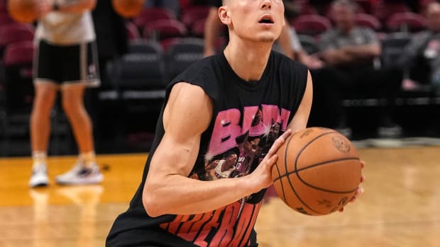 Heat guard Tyler Herro warms up before a game.